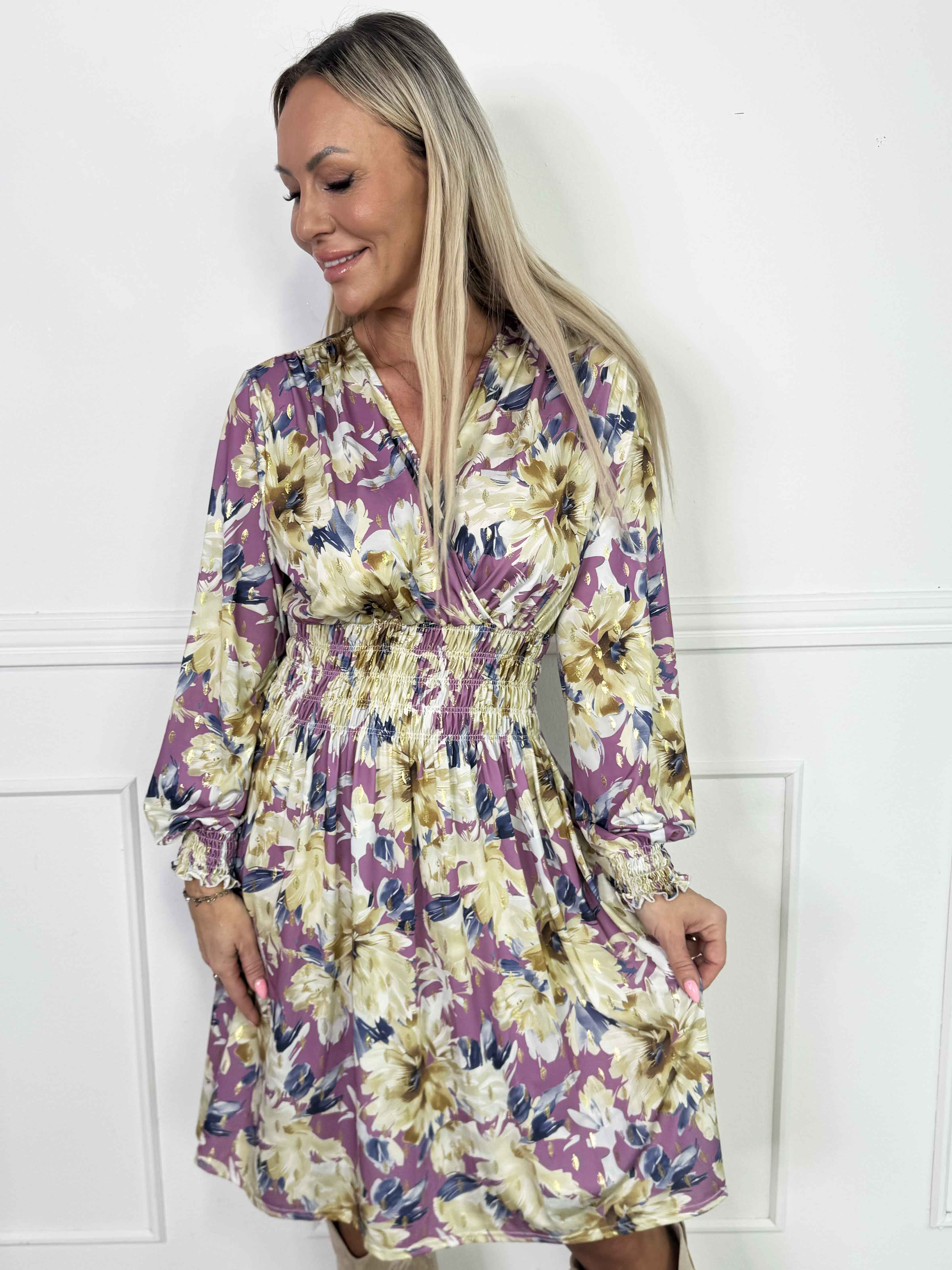 Pams Flora Short L/S - Elastisk kjole i krølfrit stof med lange ærmer